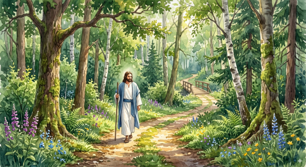 A contemplative watercolor illustration of Jesus walking solo on a dirt trail through a lush, green forest. He is dressed in cream-colored ancient robes and sandals, heading toward a small wooden bridge over a stream. The forest is rich with moss-covered trees, ferns, and colorful flowers, illuminated by soft sunlight. The path is quiet and empty of other people - their absence representing a solitary journey through life.