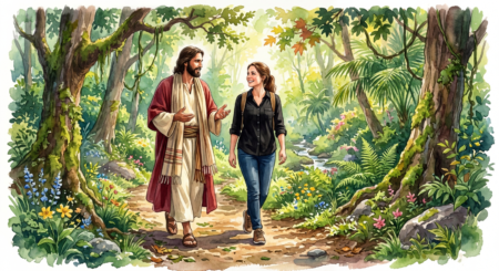 A soft watercolor illustration depicting a peaceful conversation between two figures in a dense, green forest. On the left, Jesus is dressed in cream-colored ancient robes with a reddish-brown cloak and sandals, gesturing as he speaks. Beside him walks a woman in modern attire&mdash;a black button-front shirt, blue jeans, and sneakers&mdash;carrying a backpack and smiling. They are walking along a sun-dappled dirt trail surrounded by mossy trees, ferns, and colorful wildflowers, with a small stream visible in the background.