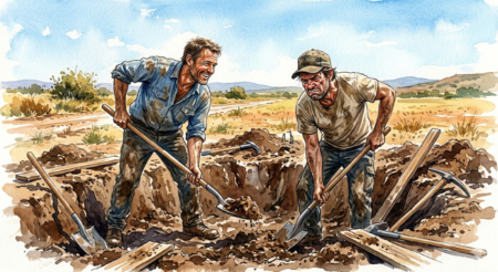 Two men digging a ditch with shovels in the hot sun.  One is smiling - work.  The other is grumpy - toil.