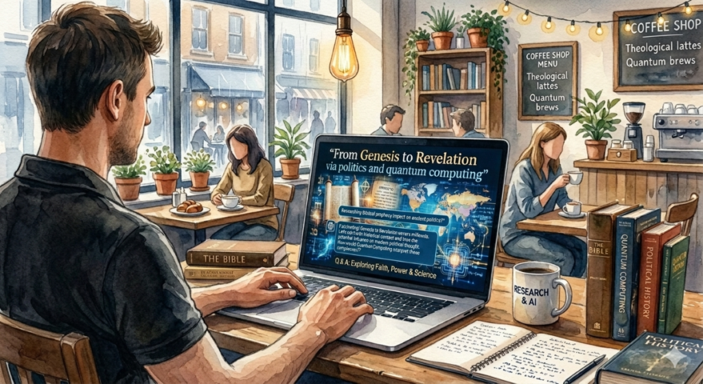 A watercolor illustration of a man in a black short-sleeved collared shirt working on a laptop in a cozy, sunlit coffee shop. The laptop screen displays a complex chat interface with the title "From Genesis to Revelation via politics and quantum computing," surrounded by scientific and historical books and other patrons in the background.