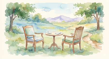 A soft watercolor illustration of two empty wooden armchairs facing each other in a peaceful meadow, with a small table between them holding a book and a teacup.