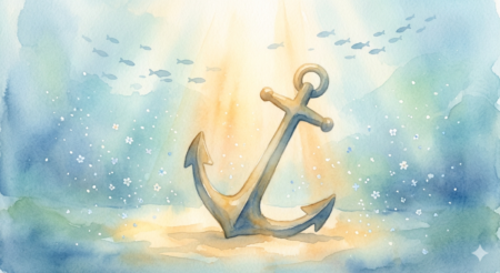 An anchor at the bottom of a body of water, resting on the ground.  Rays of light from above cut through the darkness to out light on the anchor.