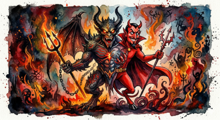 A split-screen watercolor illustration of the devil, showing a terrifying, hyper-realistic monster on the left and a playful, red-suited cartoon character on the right.