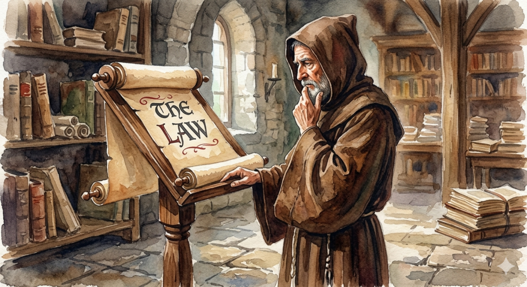 A contemplative watercolor illustration of a monk in a brown hooded robe, standing in a sunlit stone scriptorium filled with ancient books. He leans over a large wooden stand holding an open scroll that reads "THE LAW," with one hand resting on the stand and the other tucked under his chin in deep, prayerful thought.