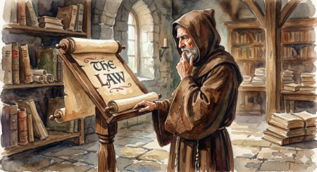 A contemplative watercolor illustration of a monk in a brown hooded robe, standing in a sunlit stone scriptorium filled with ancient books. He leans over a large wooden stand holding an open scroll that reads "THE LAW," with one hand resting on the stand and the other tucked under his chin in deep, prayerful thought.