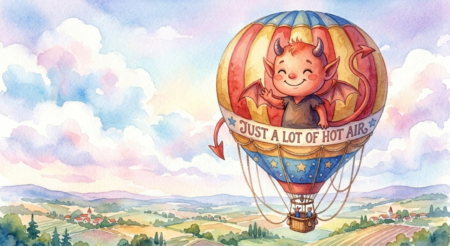 A whimsical watercolor illustration of a hot air balloon with a cute cartoon devil printed on the fabric, accompanied by the text "JUST A LOT OF HOT AIR."