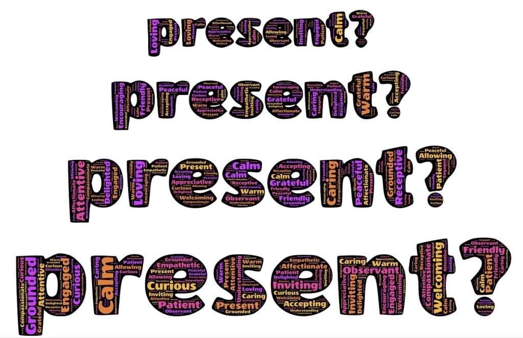 "present?" 4 times, in a large format that looks like wood. In each lone the font gets larger.