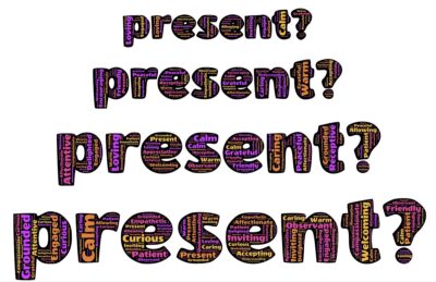 "present?" 4 times, in a large format that looks like wood.  In each lone the font gets larger.