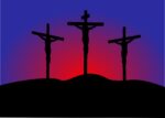 Stylized image of Jesus' crucifixion, with a purple sky with a red sunset effect behind the crosses.