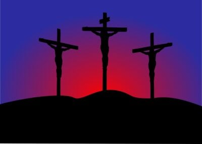 Stylized image of Jesus' crucifixion, with a purple sky with a red sunset effect behind the crosses.