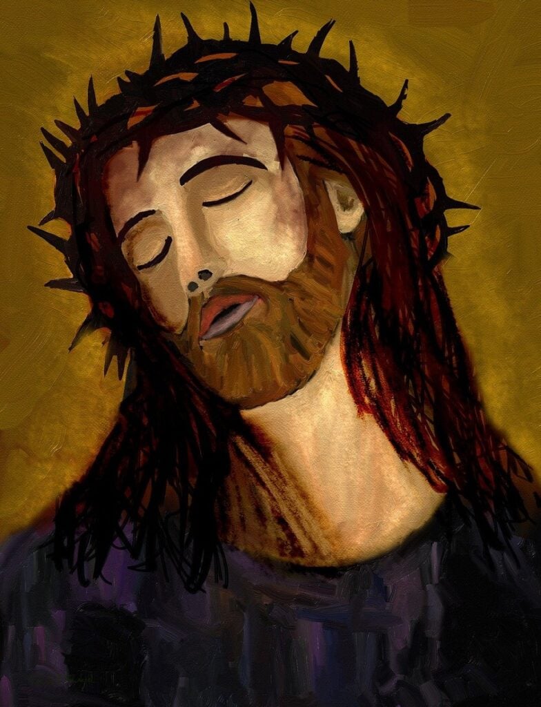 An oil painting style image of Jesus before the crucifixion, with the crown of thorns on His head.