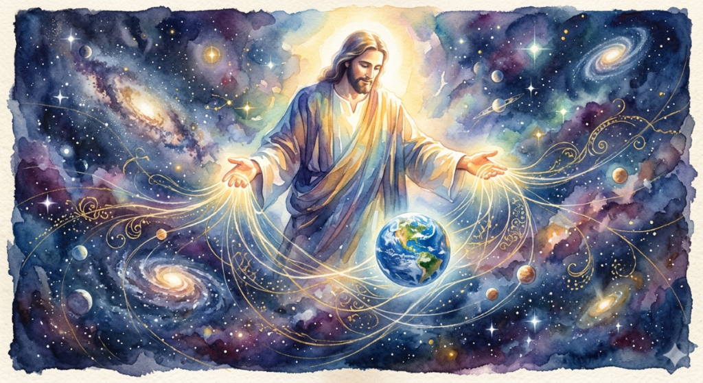 watercolor image of Jesus "standing in the midst of the universe, caring for it.