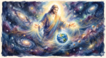 watercolor image of Jesus "standing in the midst of the universe, caring for it.
