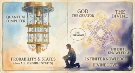 A soft, dreamy watercolor illustration with a vintage editorial feel. On the left, a delicate, glass-like chandelier structure with glowing points represents a quantum computer. On the right, a warm, expansive gold and violet light symbolizes the Divine, with a faint heart shape at its core representing love. A bridge of light connects them, showing the loss of love as it moves toward the machine.