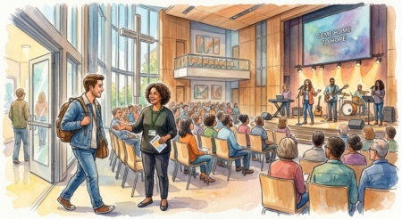 Watercolor of a young man entering a modern church with chairs, a worship band, and a friendly usher.