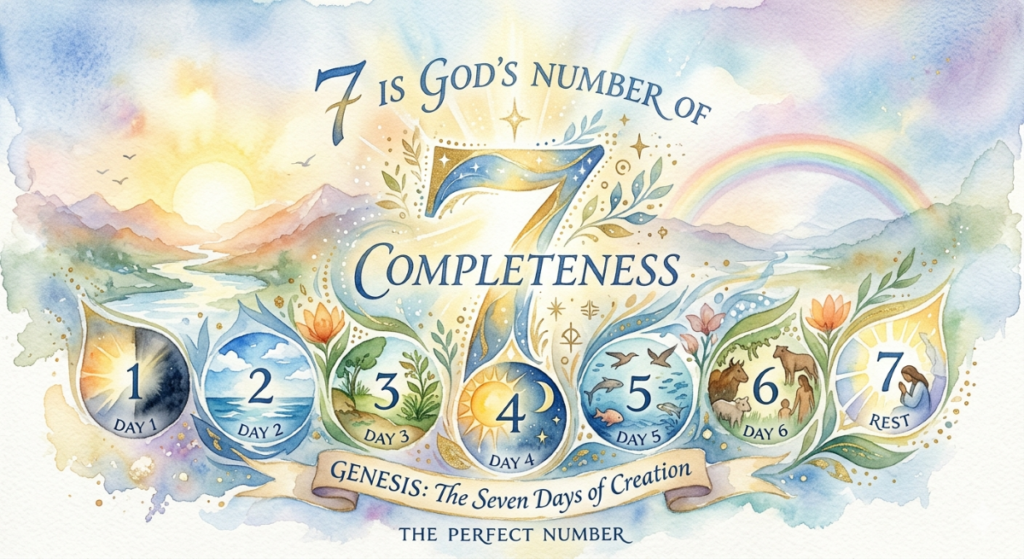 This watercolor illustration titled "7 is God's Number of Completeness" depicts the biblical seven days of creation in a soft, ethereal style.
