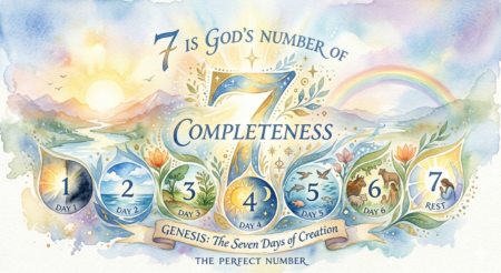 This watercolor illustration titled "7 is God's Number of Completeness" depicts the biblical seven days of creation in a soft, ethereal style.