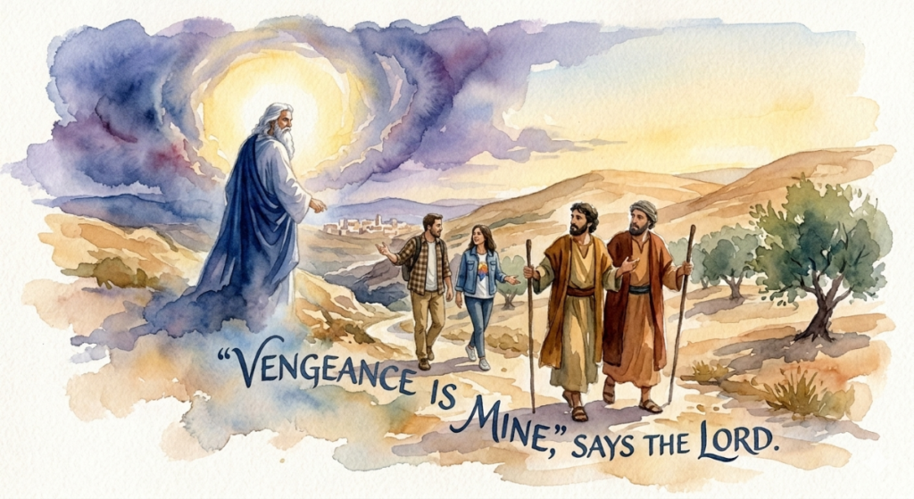 Father God, standing on a hill along a dirt path, with two men from Biblical times and a modern couple walking on it. The sun breaks through clouds to highlight Father God. "Vengeance is mine", says the Lord is written along the bottom of the image.