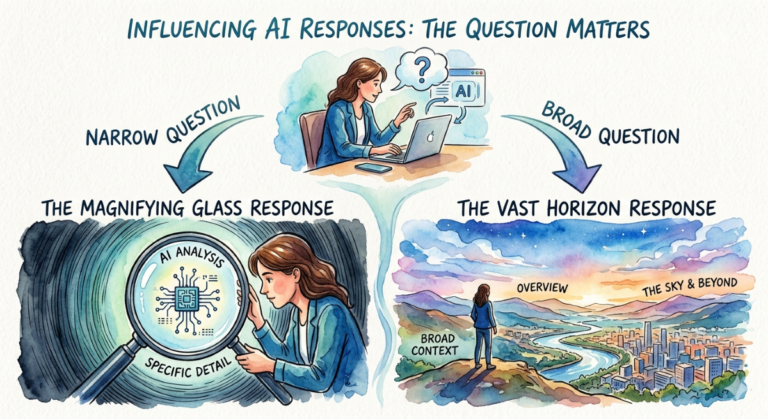 A watercolor infographic titled "Influencing AI Responses." It shows a woman asking a question, leading to two results: a "Magnifying Glass Response" focusing on a tiny detail, and a "Vast Horizon Response" showing a wide-reaching landscape.