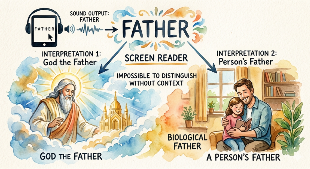 watercolor images, along with text, to show the difficulty for people who hear, but aren't reading, the words father or Father - lowercase person's father, or uppercase God the Father.