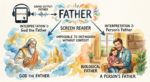 watercolor images, along with text, to show the difficulty for people who hear, but aren't reading, the words father or Father - lowercase person's father, or uppercase God the Father.