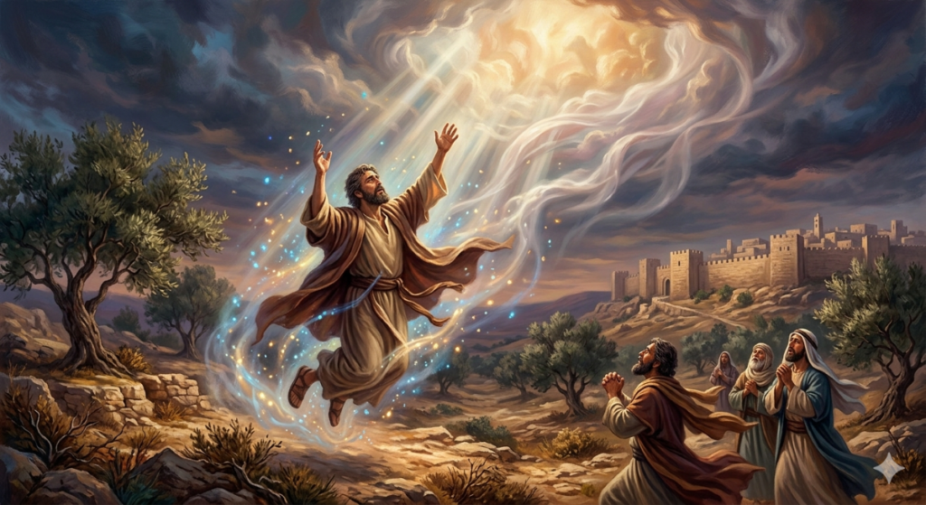 An oil painting-style illustration depicting a biblical-era man in brown and tan robes levitating into the air, surrounded by a swirling blue and gold mystical aura. He has his arms raised toward a dramatic break in the dark storm clouds above, where bright, divine light streams down on him. In the lower right, a small group of people in ancient Near Eastern clothing kneel on the rocky ground, looking up at him in awe and prayer. An ancient walled city sits on a hill in the background under a turbulent sky.