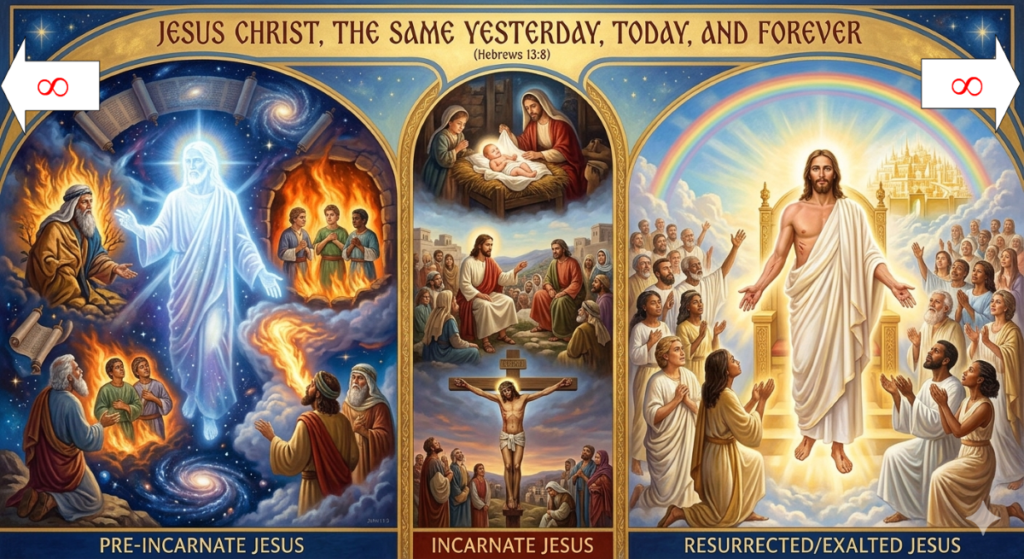 Jesus - eternity past to eternity future image showing preincarnate Jesus to incarnate Jesus to resurrected/exalted Jesus.  vignettes show events from each stage.