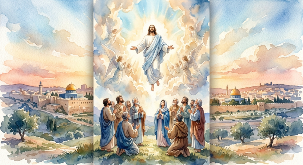 A three-panel watercolor painting depicting the Ascension of Jesus. The central panel shows Jesus rising into a bright sky surrounded by angels while his apostles and Mary watch from below. The side panels show soft-hued landscapes of Jerusalem and olive groves under a sunset sky.