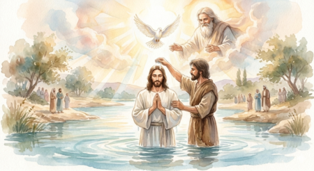 The scene from Jesus' baptism. It shows John the Baptist and Jesus standing in the river. The Holy Spirit is alighting on Jesus. And the Father looks on from above (heaven) and is well pleased.