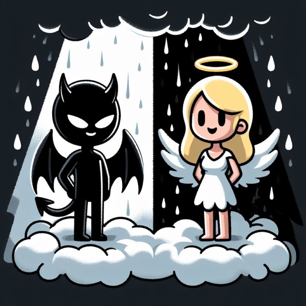 cartoonish image a devil and an angel standing on adjacent clouds. Pouring rain falls on the devil, while a light rain fall around the angel but not on her.