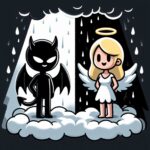 cartoonish image a devil and an angel standing on adjacent clouds. Pouring rain falls on the devil, while a light rain fall around the angel but not on her.