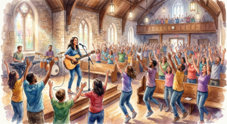 A young woman with a guitar leading worship in a church. People are joyously raising and waving their arms, jumping, and singing throughout the church.