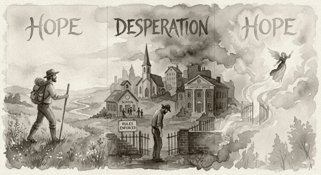 an antique style watercolor of one man's journey, beginning with hope. Churches, schools, lawyers, and rules entering his world bring desperation. Heaven is the final hope.