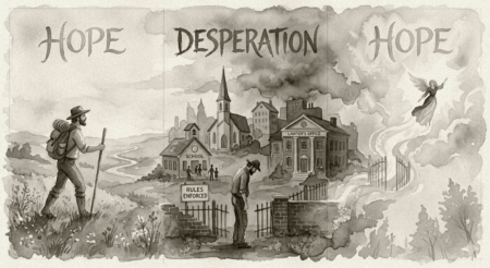 an antique style watercolor of one man's journey, beginning with hope.  Churches, schools, lawyers, and rules entering his world bring desperation.  Heaven is the final hope.