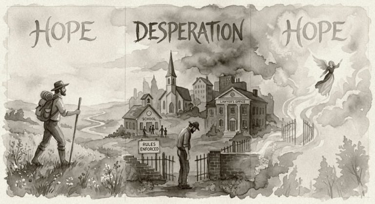 an antique style watercolor of one man's journey, beginning with hope. Churches, schools, lawyers, and rules entering his world bring desperation. Heaven is the final hope.