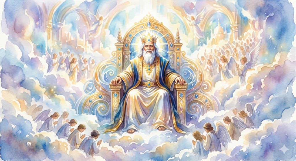 A bright watercolor in of God, sitting on His throne in Heaven. He is surrounded by Angels, praying and singing praise songs.