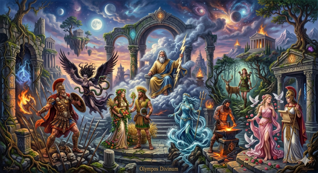 A surreal digital painting depicting an assembled pantheon of ancient pagan deities interacting amidst stone ruins under a cosmic sky with multiple moons.