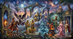A surreal digital painting depicting an assembled pantheon of ancient pagan deities interacting amidst stone ruins under a cosmic sky with multiple moons.