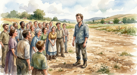 Watercolor illustration of a bored man speaking to an eager, smiling crowd in a dirt field.