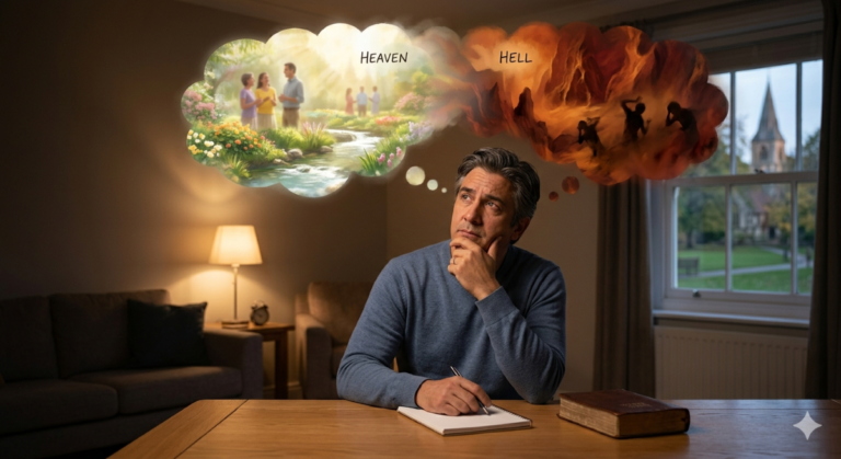 Watercolor illustration of a man sitting at a table with an open Bible, looking up thoughtfully. To his left, a thought bubble shows a serene "Heaven" with people in white among flowers and a river. To his right, a second thought bubble shows "Hell" as a dark, fiery landscape with silhouettes of figures in distress.