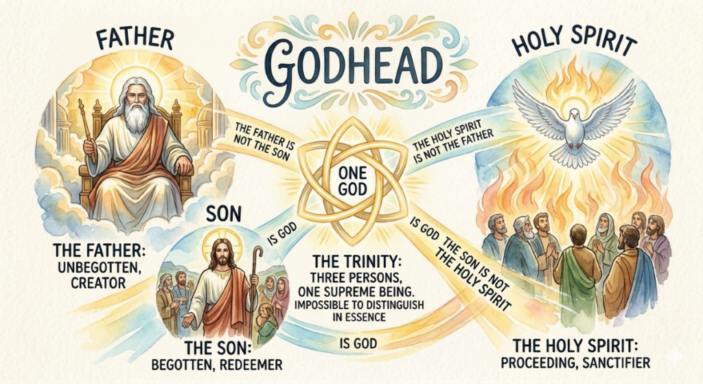 A complex diagram showing the Father, Son, and Holy Spirit.  There are various lines showing what the relationship between them is and is not, as far as we understand.