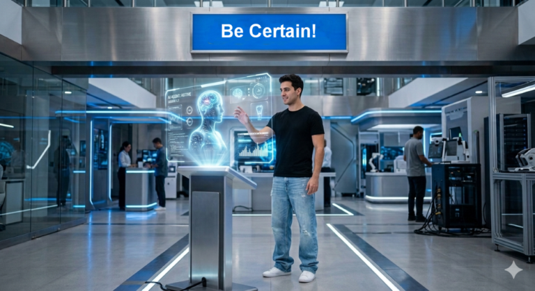 Futuristic image of a man in a black shirt and baggy light blue jeans interacts with a glowing holographic AI interface in a futuristic lab under a "Be Certain!" sign.