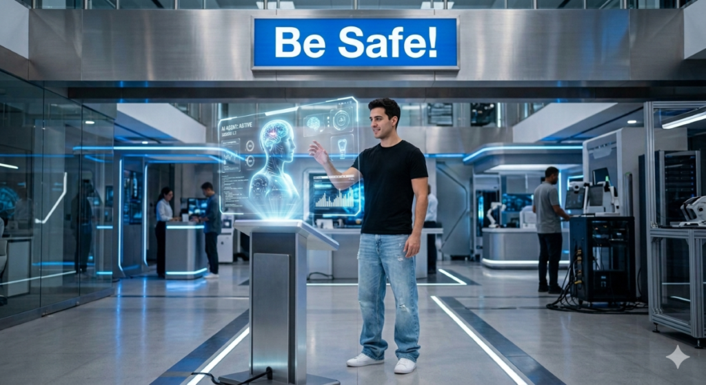 Futuristic image of a man in a black shirt and baggy light blue jeans interacts with a glowing holographic AI interface in a futuristic lab under a "Be Safe!" sign.