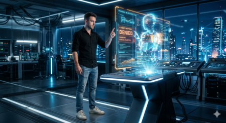 Man wearing black shirt and faded blue jeans, standing in a futuristic AI lab. He's telling the AI that he rejects the entire sequence of query responses from this AI.