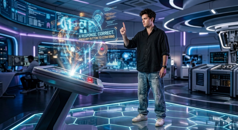Man wearing black shirt, baggy blue Jeans, and white tennis shoes in a futuristic lab, interacting with an AI hologram. He's telling the AI that its response was incorrect.