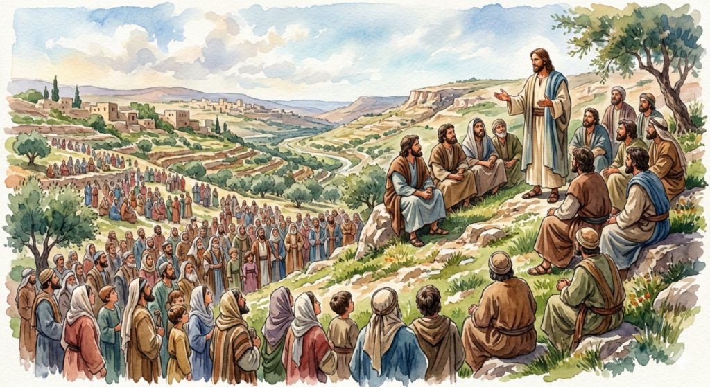 Jesus, on the side of a hill, deliviering The Sermon on the Mount to His disciples while crowds of people below listened.