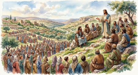 Jesus, on the side of a hill, delivering The Sermon on the Mount to His disciples while crowds of people below listened.