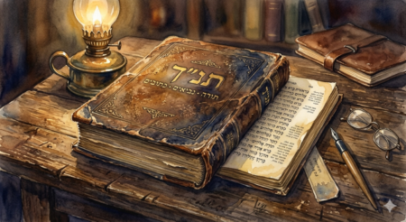 Watercolor painting of a worn, vintage Hebrew Tanakh resting on an aged wooden table, illuminated by a glowing oil lamp alongside reading glasses and a fountain pen.