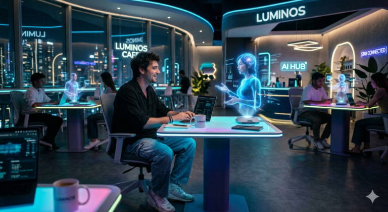 A futuristic coffee shop with glowing tables where customers converse with personal AI holograms; a man in a black shirt and baggy jeans does Bible research with am AI hologram at his table.