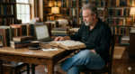 A man in a black shirt and jeans studying an open antique Bible at a library desk filled with research books, a laptop, and coffee.